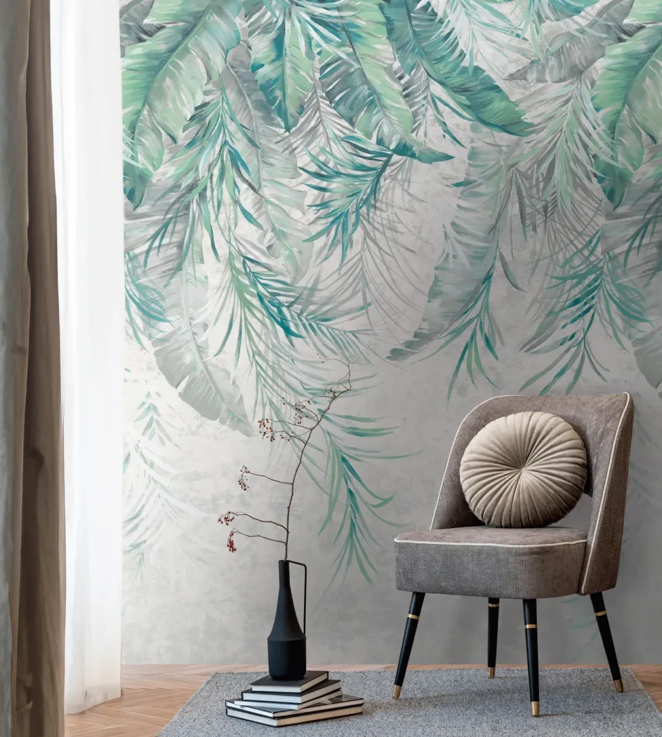 Wall mural Turquoise, blue-green painted banana leaves on grey