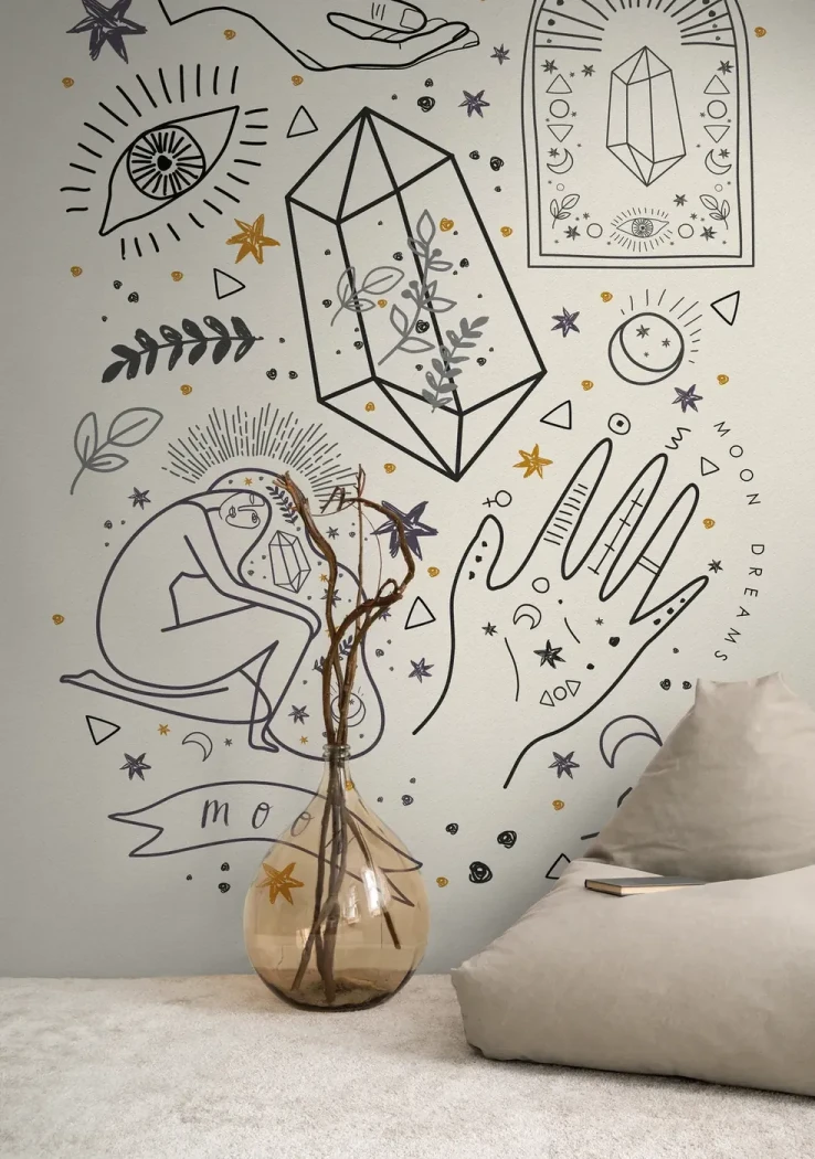 Wall mural Yellow Ochre, black esoteric line drawings on ivory