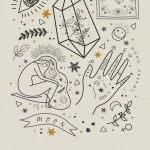 Wall mural Yellow Ochre, black esoteric line drawings on ivory