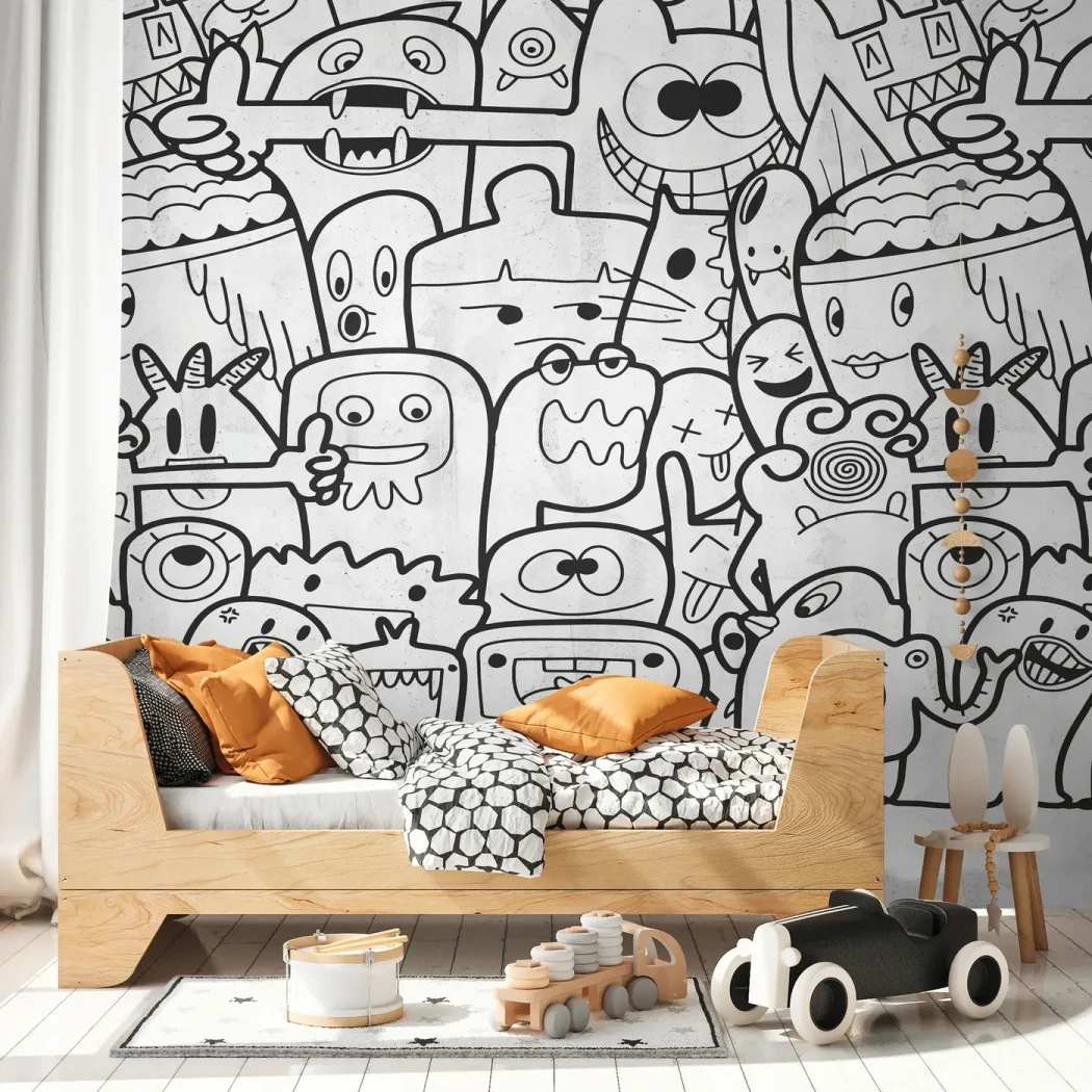 Wall mural Pewter, black line-drawn monsters on white