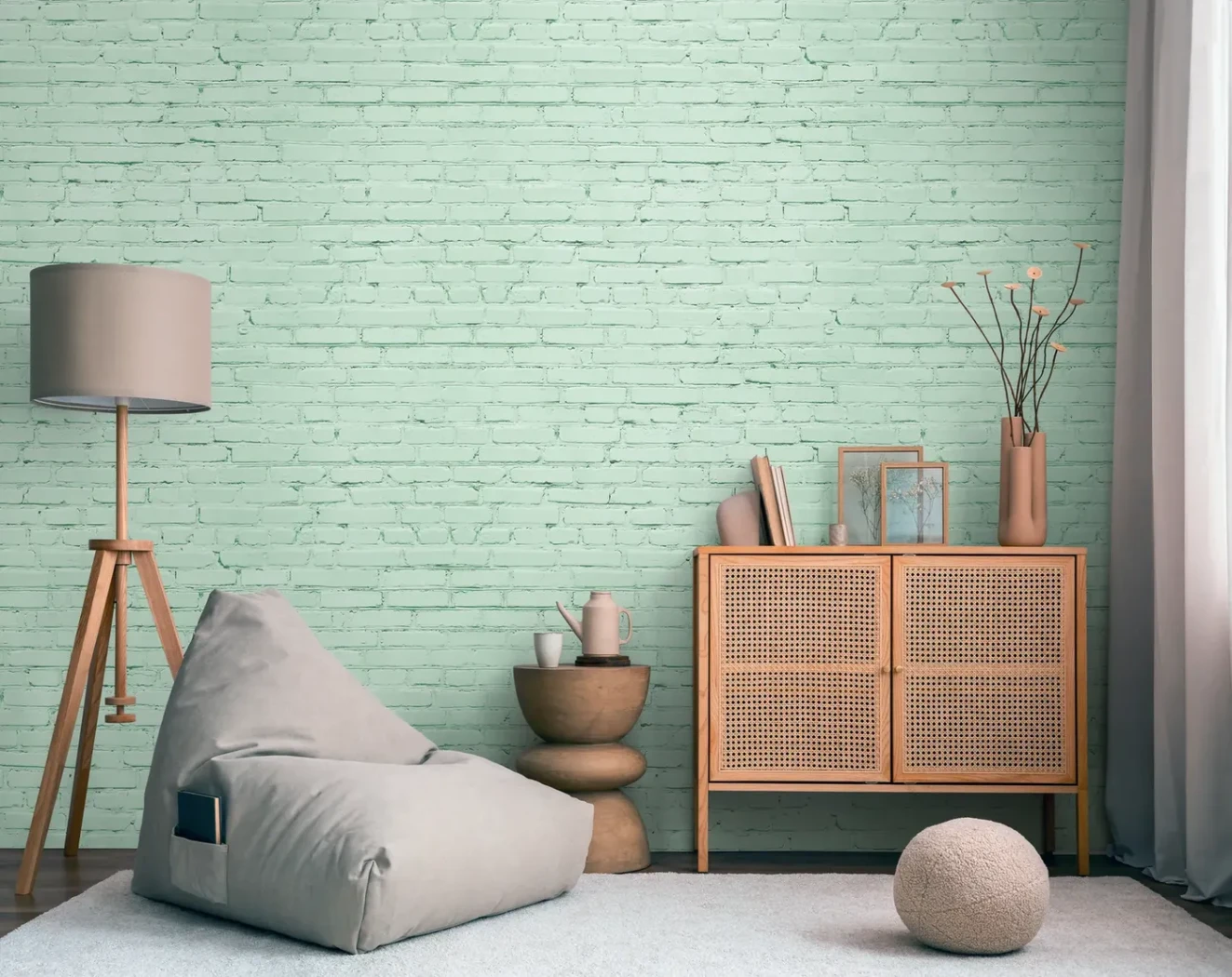 Wall mural Moss, almond-green painted brick wall
