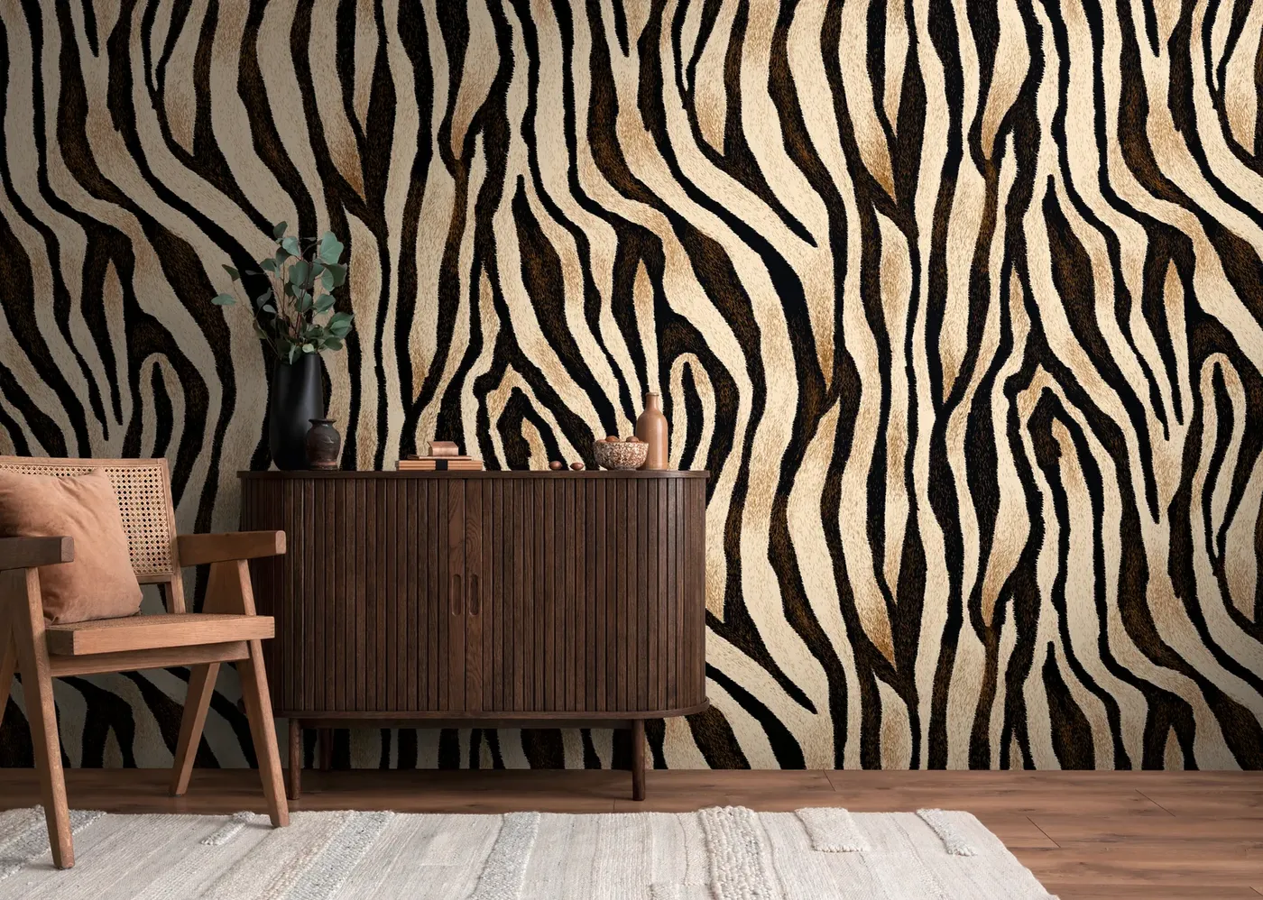 Wall mural Cashew, black and ochre zebra stripes on ivory