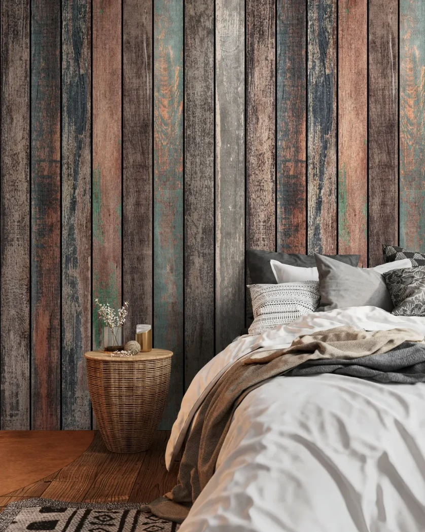 Wall mural Medlar, weathered painted wooden boards behind a bed