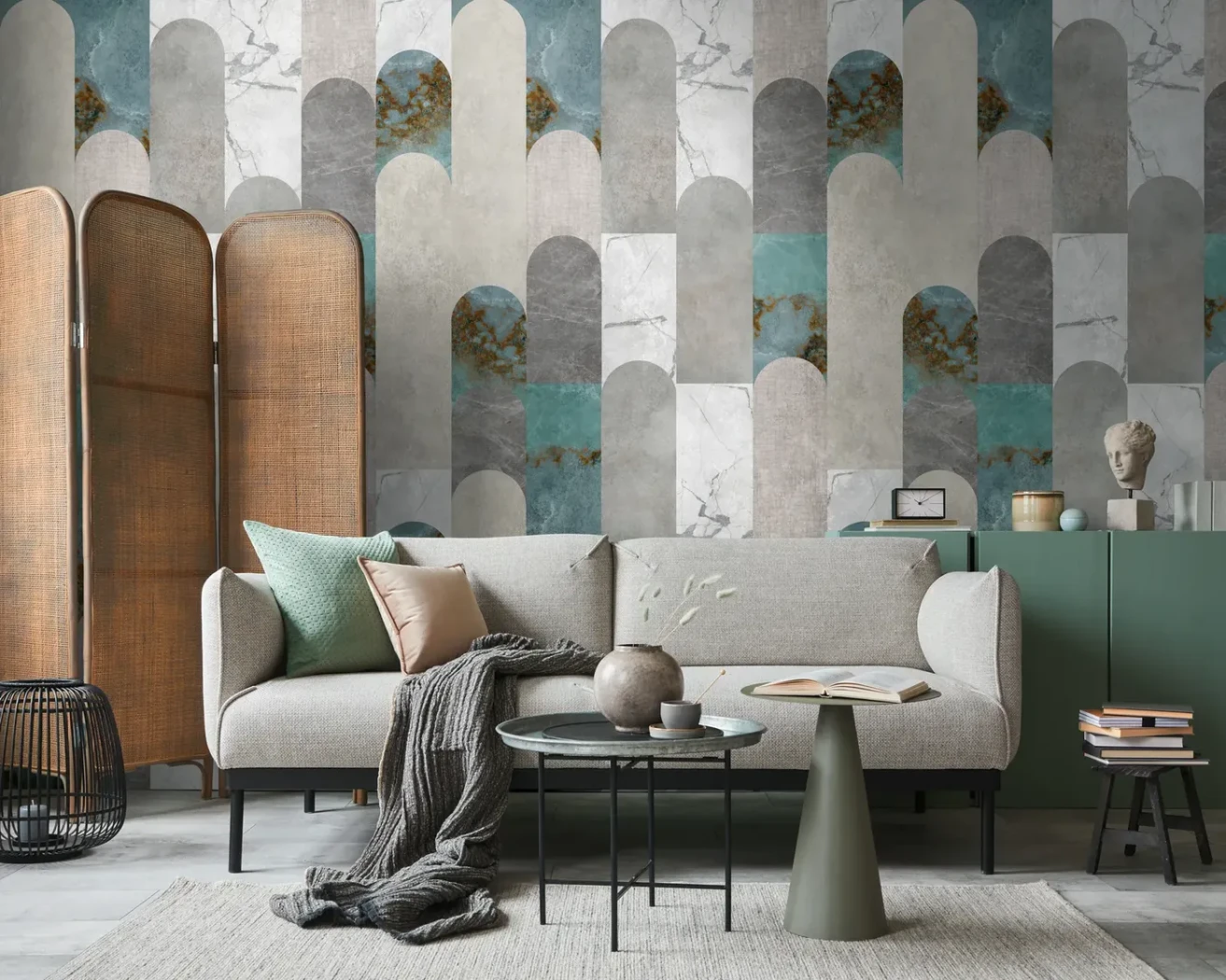 Wall mural Burnt Toast, grey and blue-green marble arches