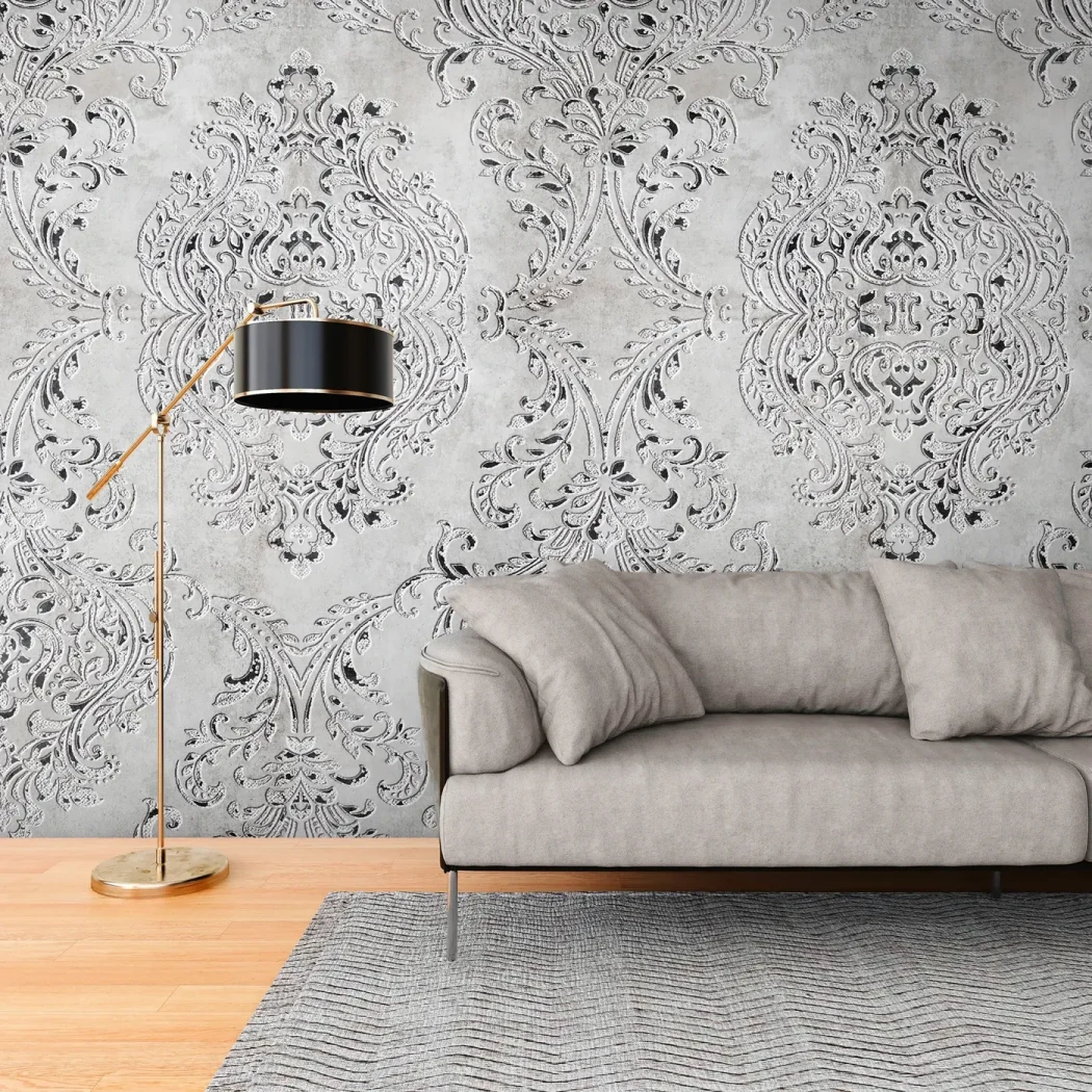 Wall mural Basalt, grey baroque scrolls on textured ground