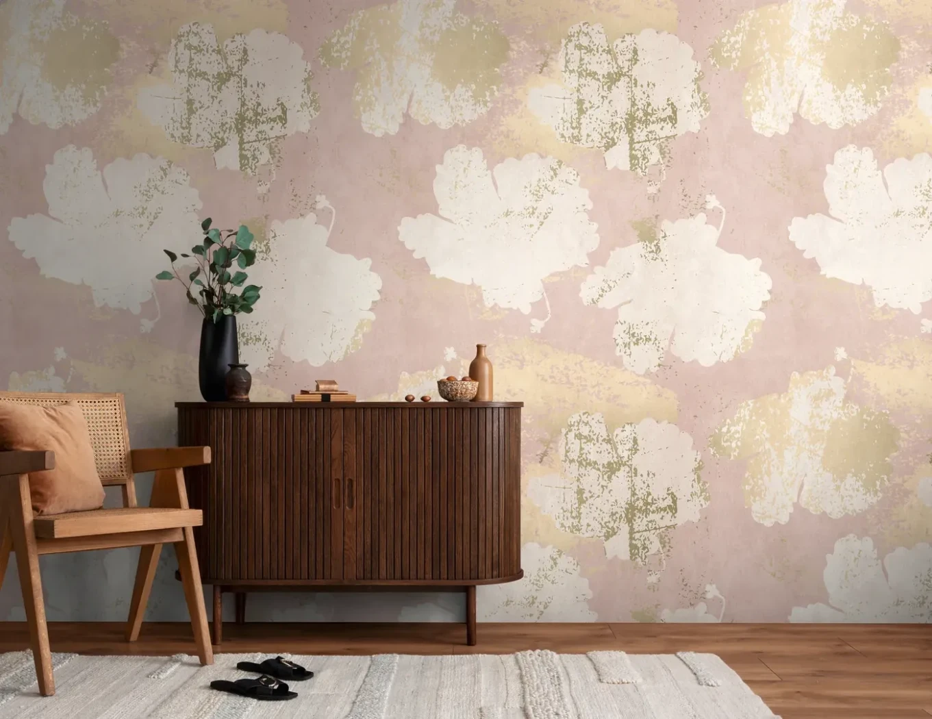 Wall mural Terracotta Tile, cream flowers on powder pink