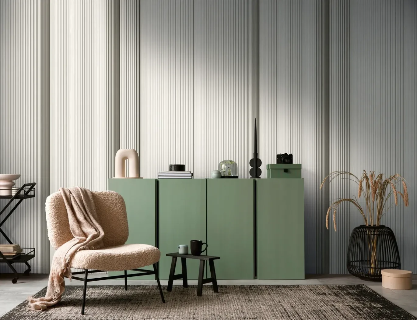 Wall mural Mica, cream and grey vertical fluting effect
