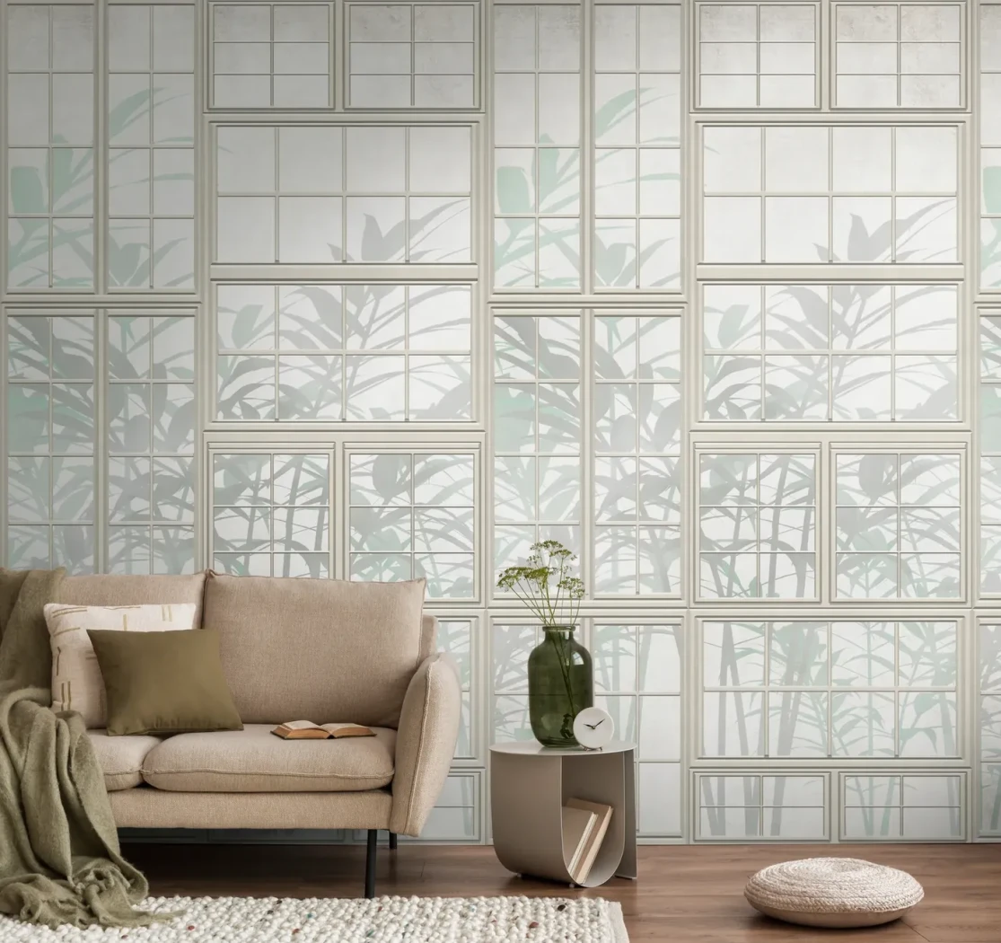 Wall mural Smoke, foliage shadows behind small-paned glass