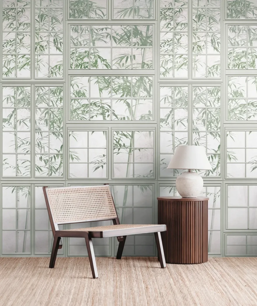 Wall mural Cloud, bamboo behind green trellis on pale ground