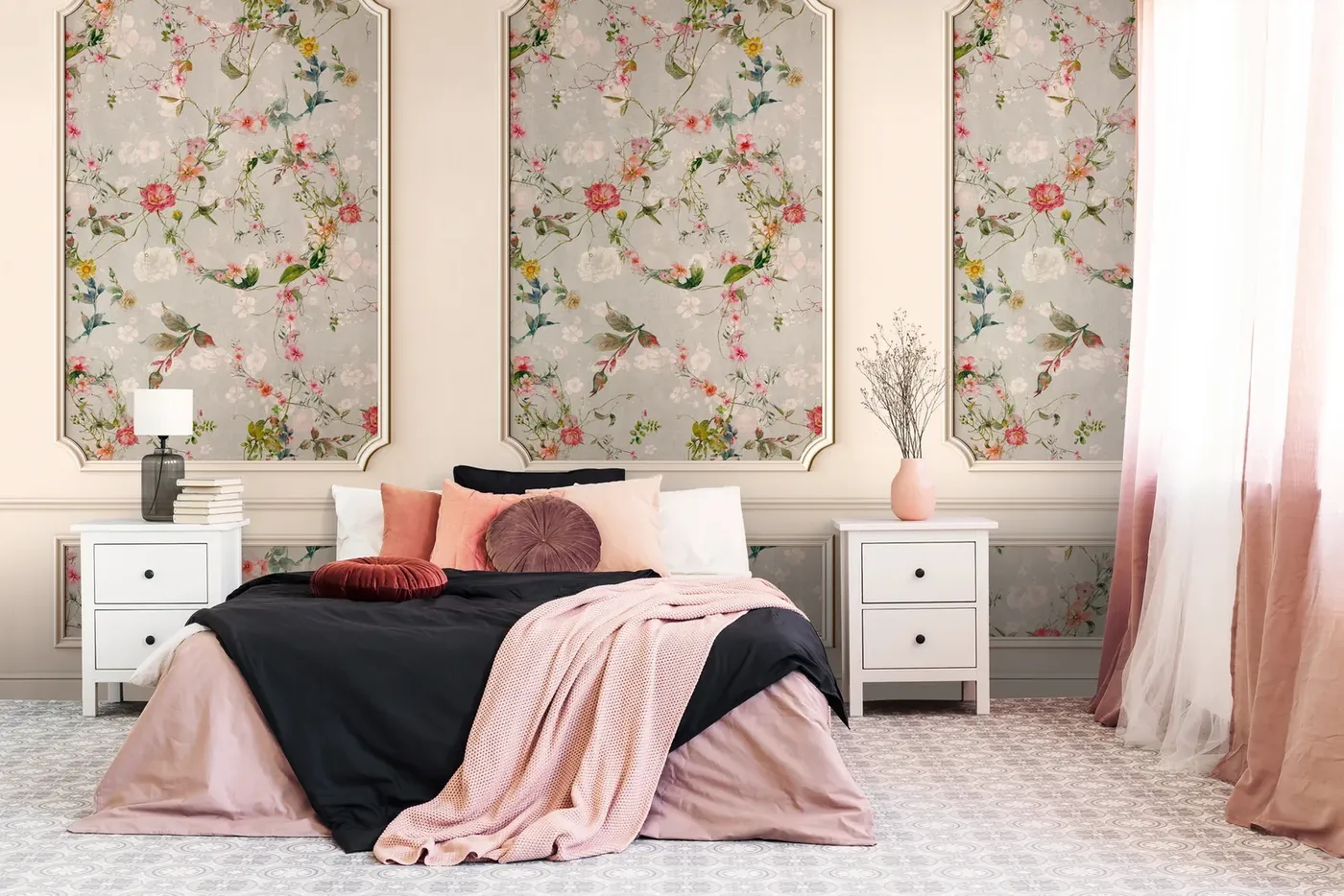 Wall mural Pottery, three floral panels with gold frames