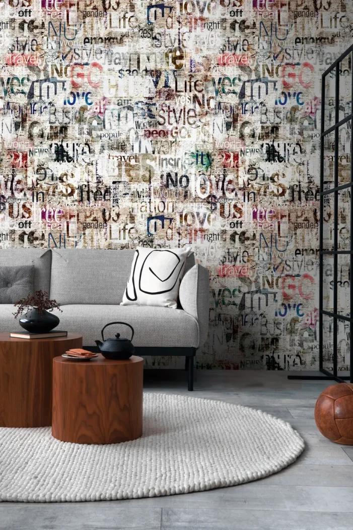 Wall mural Pebble, layered typography on weathered grey and beige