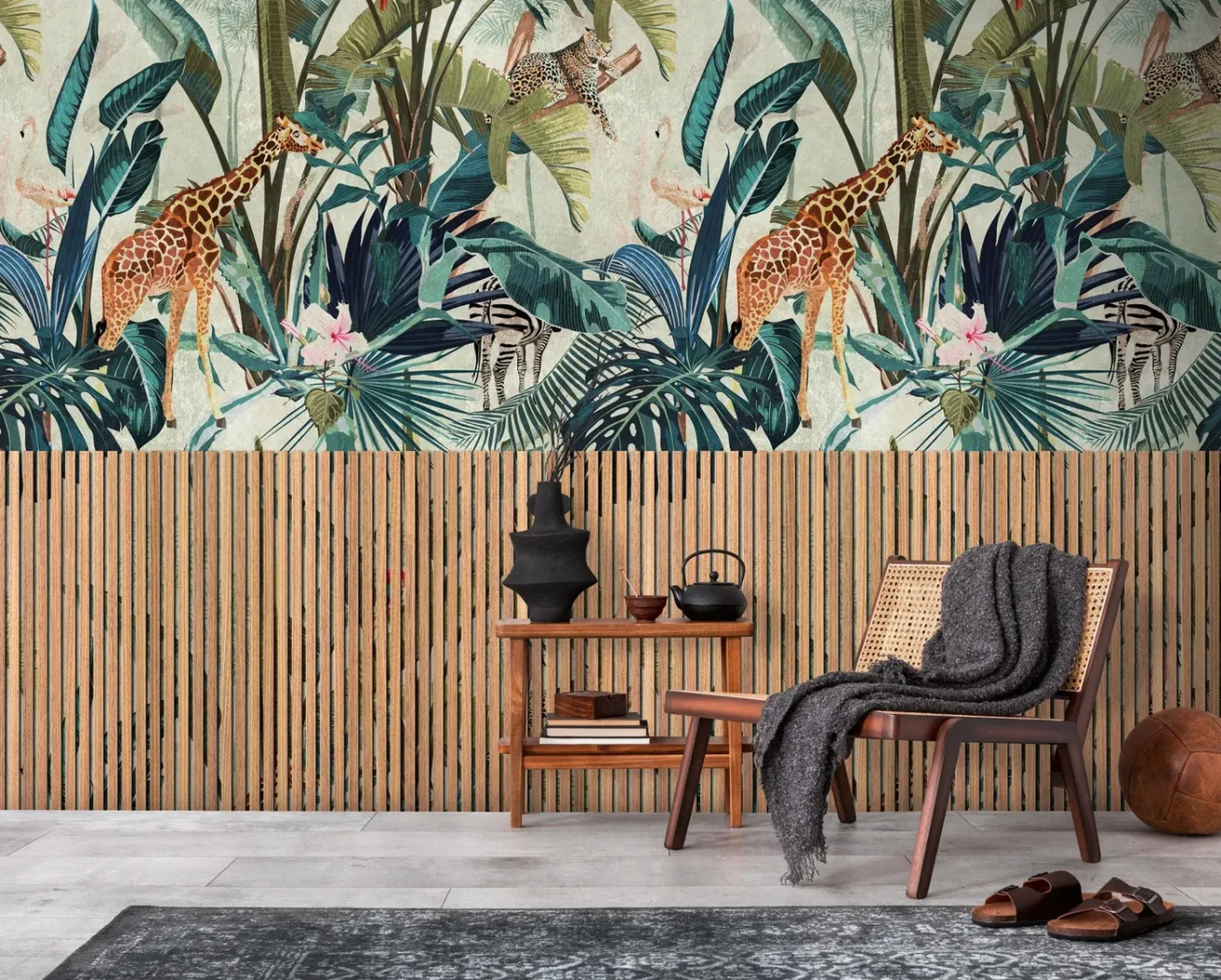 Wall mural Chrome, jungle with giraffes, zebras and leopards