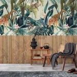 Wall mural Chrome, jungle with giraffes, zebras and leopards