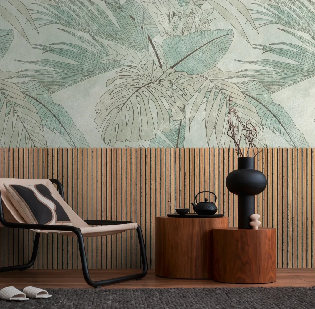 Wall mural Stone, sage foliage above a wood-slat effect