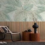 Wall mural Stone, sage foliage above a wood-slat effect