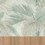 Wall mural Stone, sage foliage above a wood-slat effect