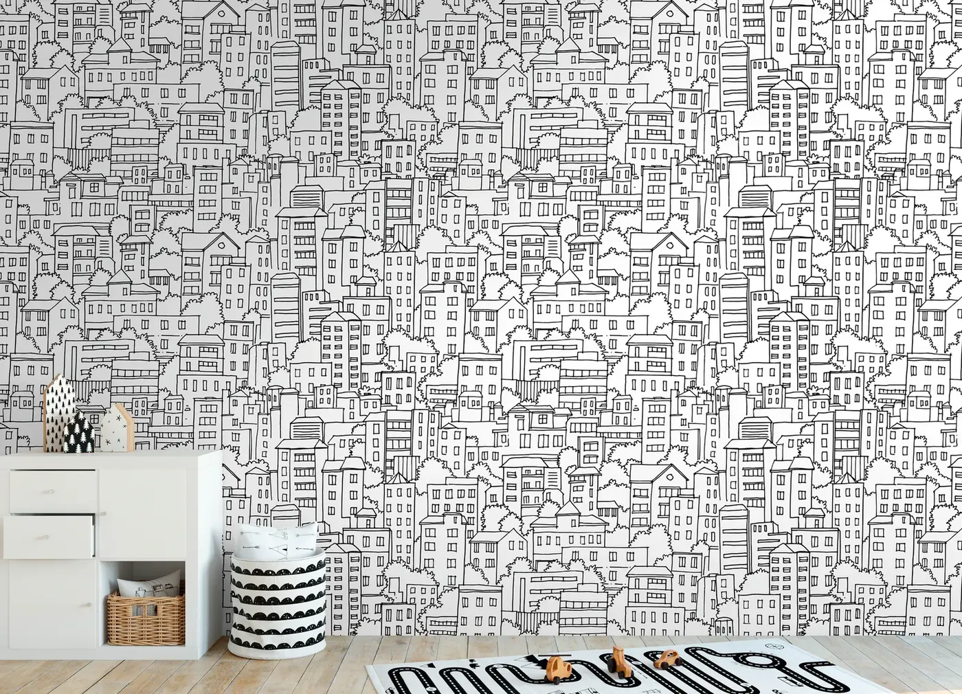Wall mural Rock, black line city skyline on white