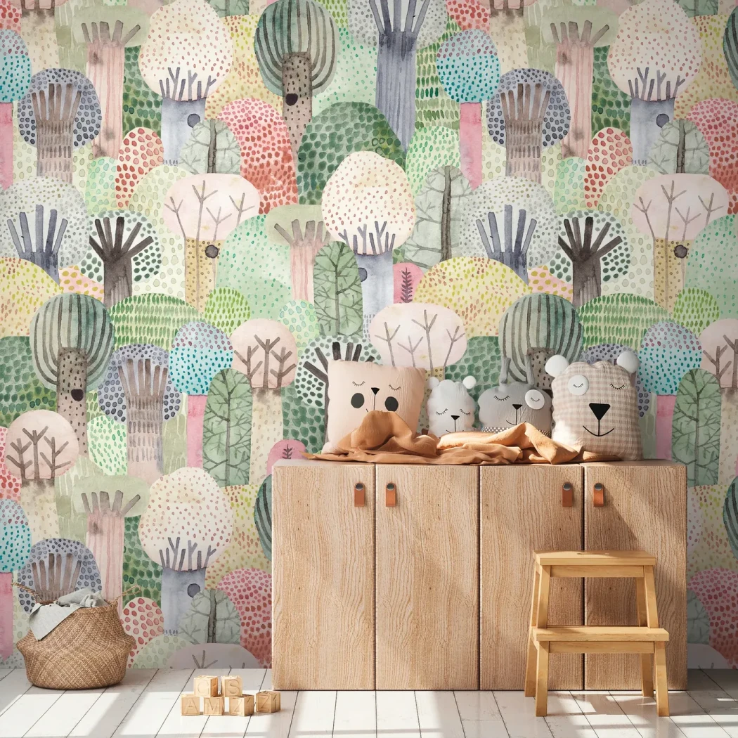 Wall mural Ash, pastel dotted forest with grey trunks