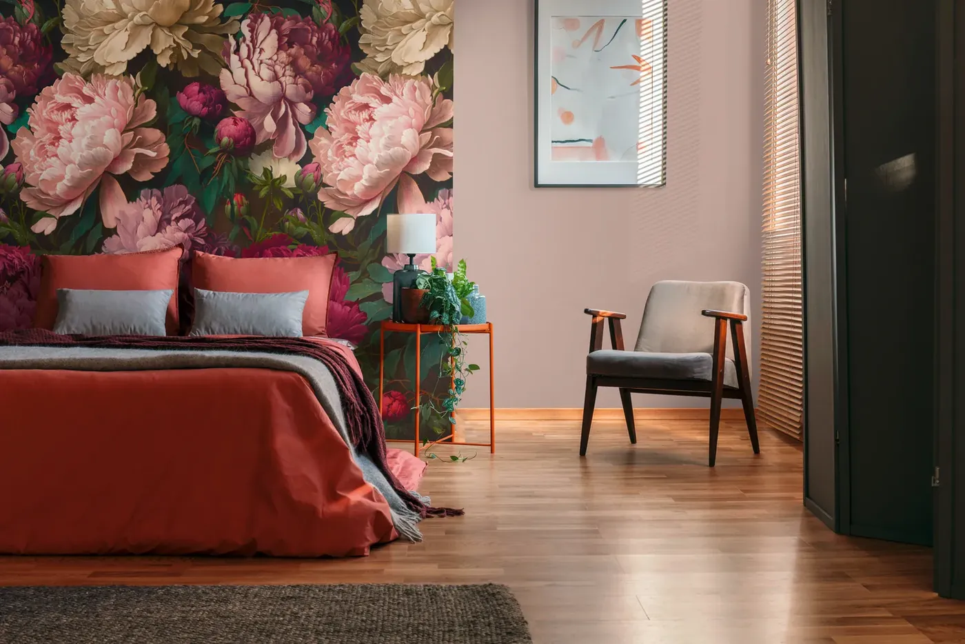 Wall mural Roof Tile, giant pink peonies on dark foliage