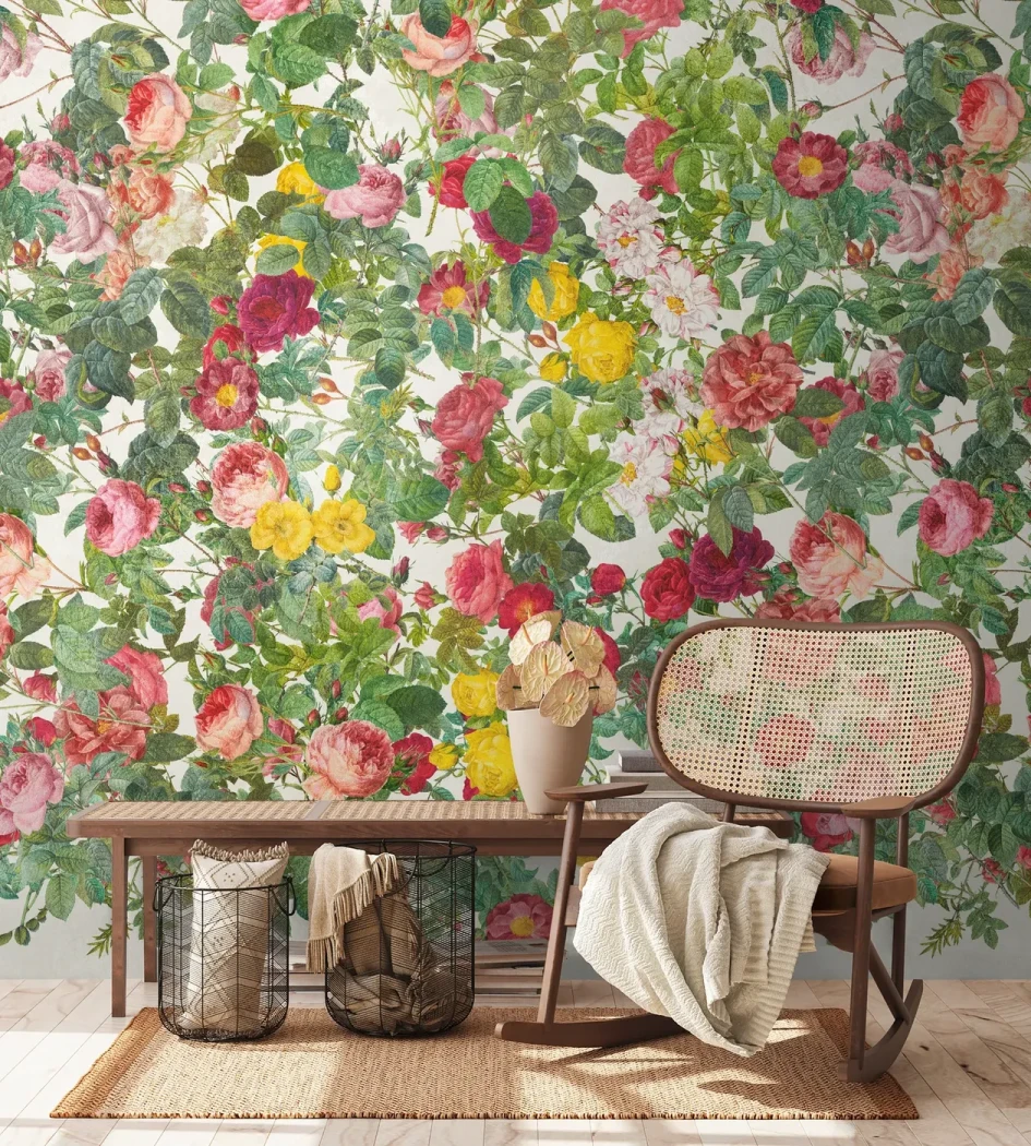 Wall mural Basil, pink, red and yellow roses with foliage