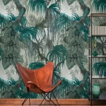 Wall mural Downpour with teal palm fronds on light grey