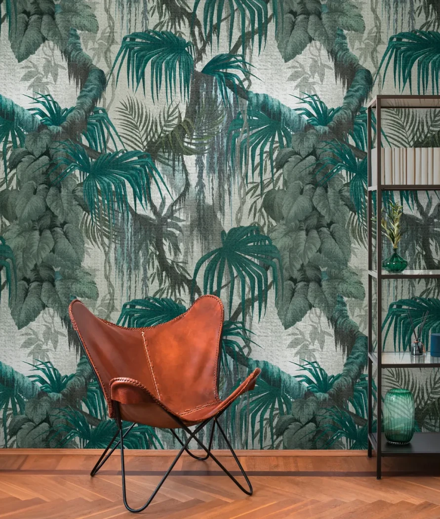 Wall mural Downpour with teal palm fronds on light grey