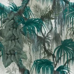 Wall mural Downpour with teal palm fronds on light grey