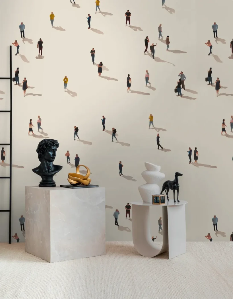 Wall mural Bamboo with tiny figures scattered on a beige background