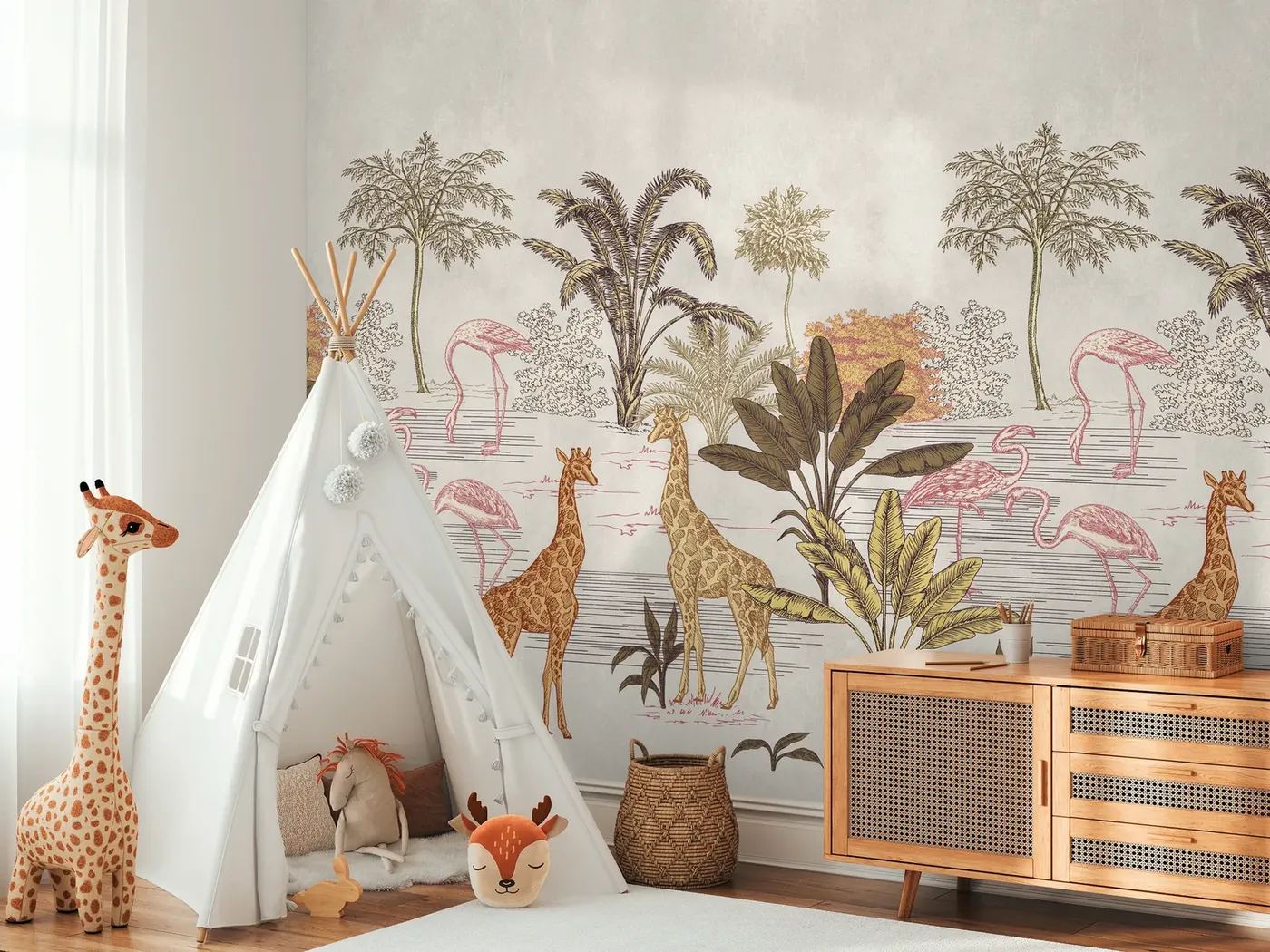 Wall mural Mist with giraffes, palms and flamingos on pale grey