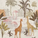 Wall mural Mist with giraffes, palms and flamingos on pale grey