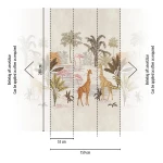 Wall mural Mist with giraffes, palms and flamingos on pale grey
