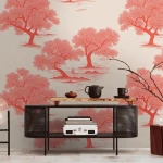 Wall mural Ruby with coral-red trees on an ivory background
