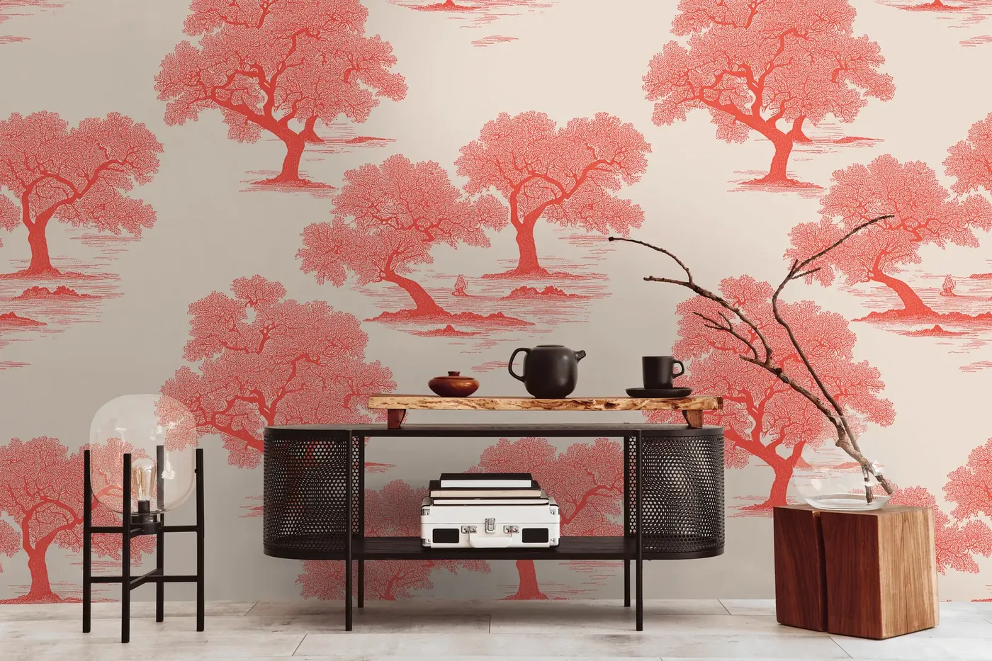 Wall mural Ruby with coral-red trees on an ivory background