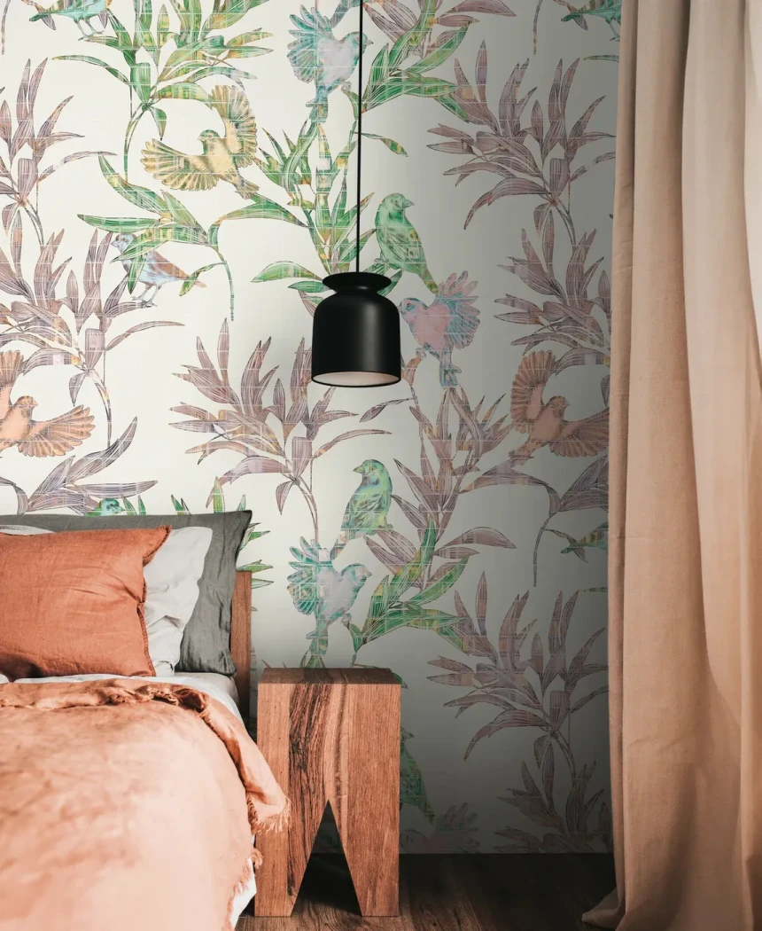 Wall mural Dawn, bamboo and birds in pale green and mauve