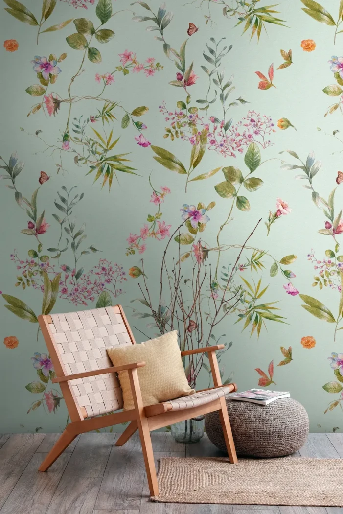 Wall mural Tan with watercolour flowers on almond green
