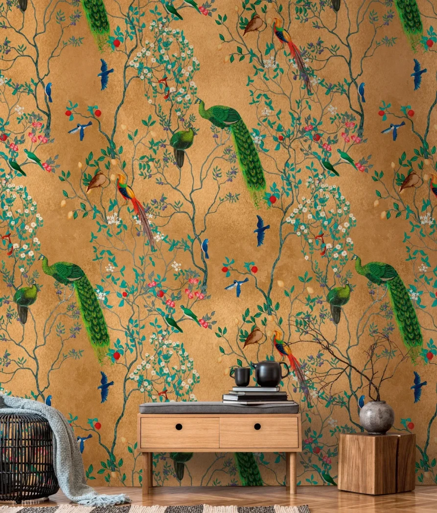 Wall mural Henna, peacocks and birds on a gold ground