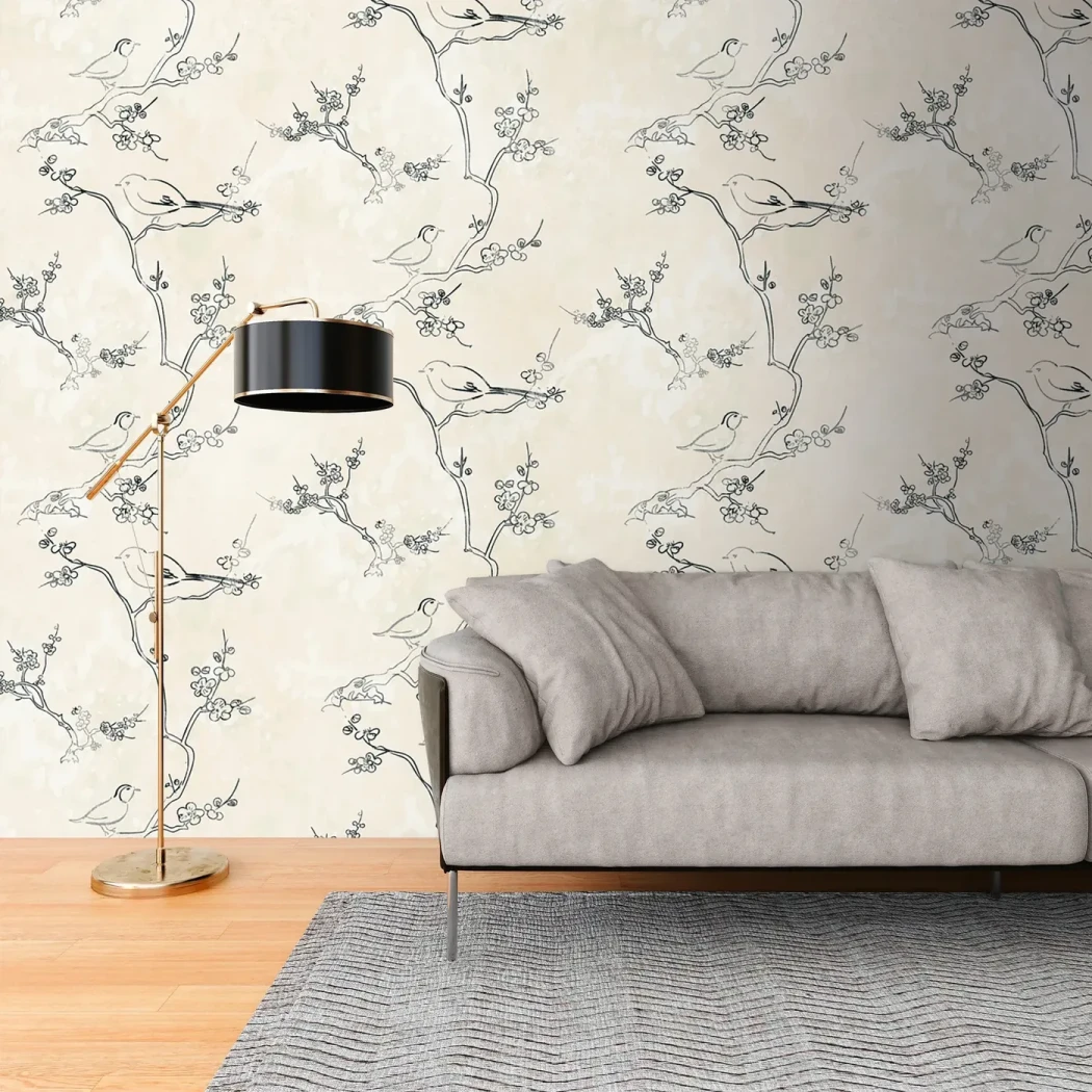 Wall mural Grey Millstone, plum blossom and birds in black line