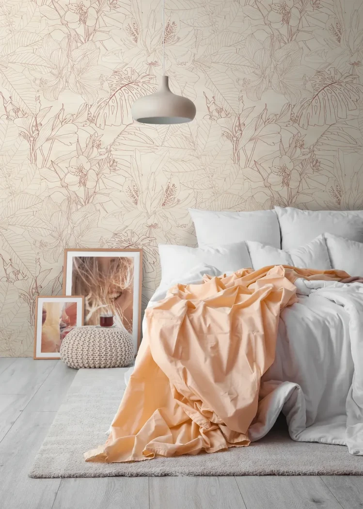 Wall mural Rattan with copper line-drawn foliage on cream