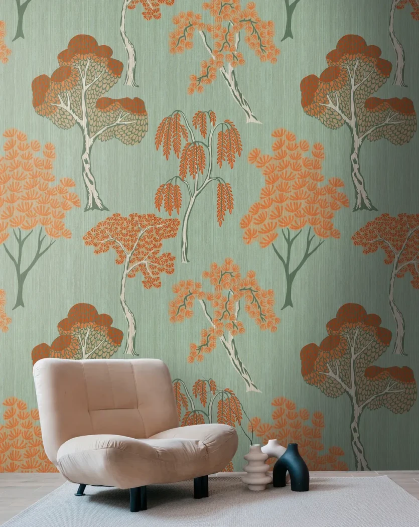 Wall mural Sienna, orange stylised trees on sage green