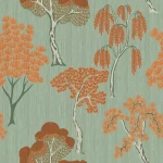 Wall mural Sienna, orange stylised trees on sage green