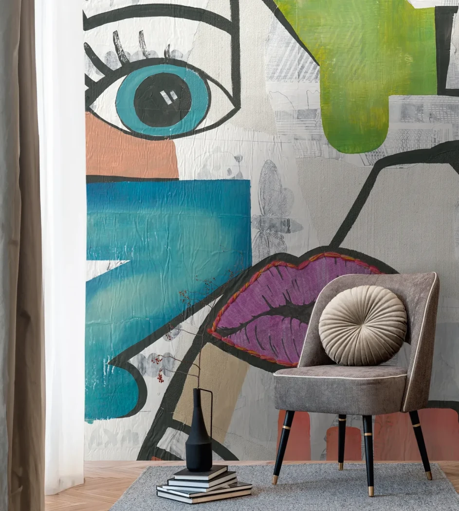 Wall mural Purple, pop-art face in turquoise, violet and apricot