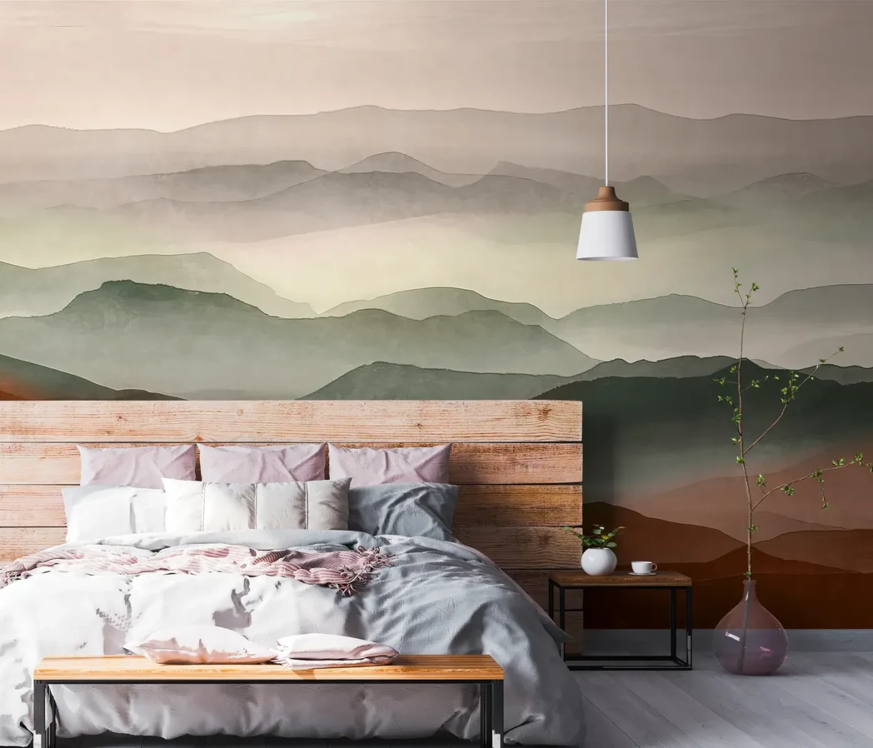 Wall mural Crayfish, layered misty mountains in terracotta tones