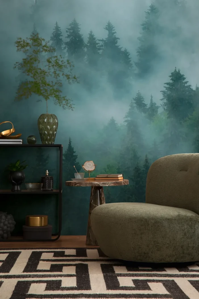 Wall mural Sapphire, misty pine forest in deep blue-green