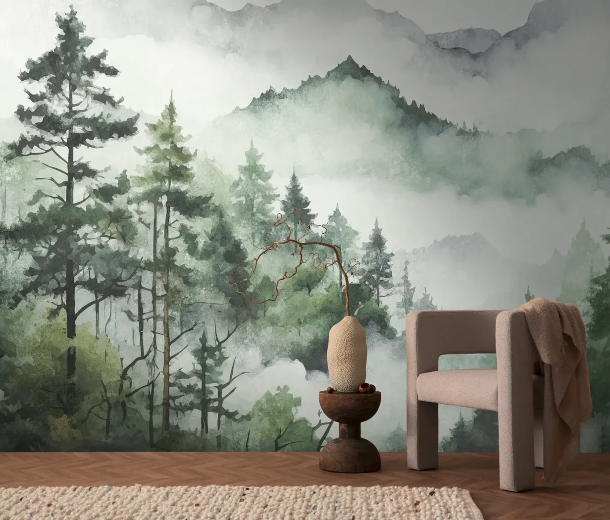 Wall mural Sienna with misty forest and rocky peak