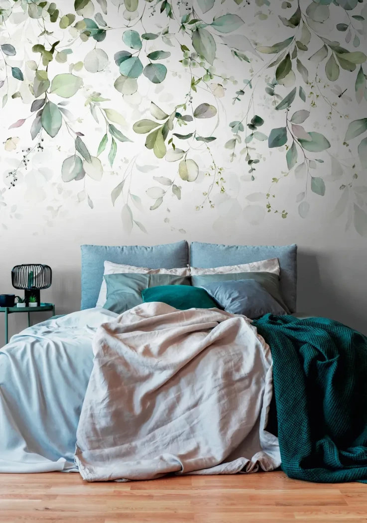 Wall mural Zincwork with watercolour eucalyptus above a bed