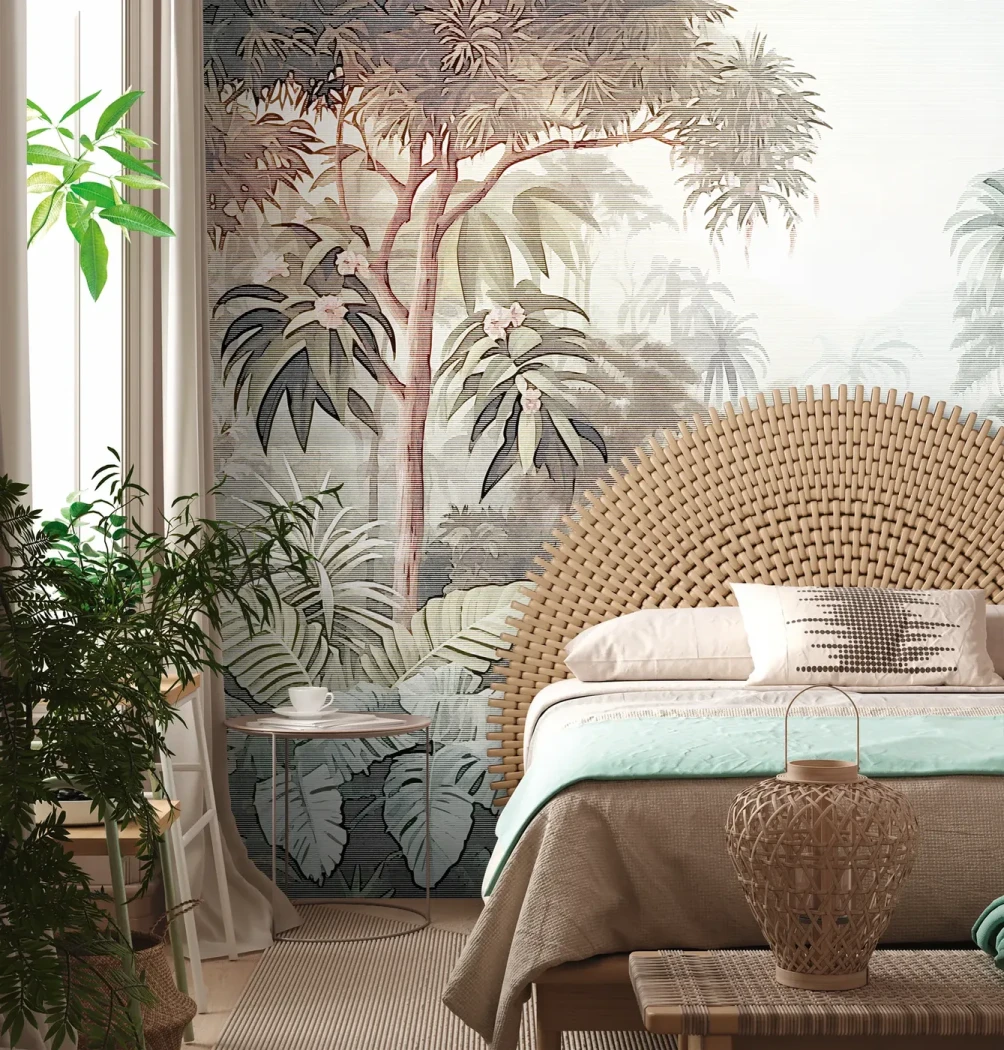 Wall mural Russet, tropical palms and leaves in green-grey
