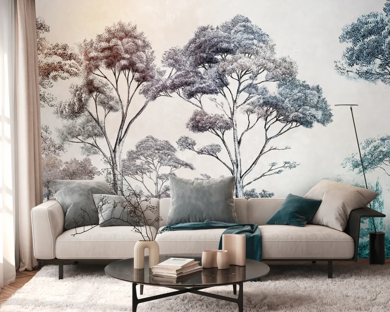 Wall mural Misty Lead, slender trees in mauve and blue
