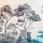 Wall mural Misty Lead, slender trees in mauve and blue