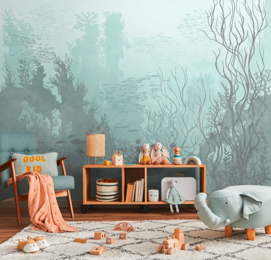 Wall mural Lapis with coral, seaweed and fish in blue-green