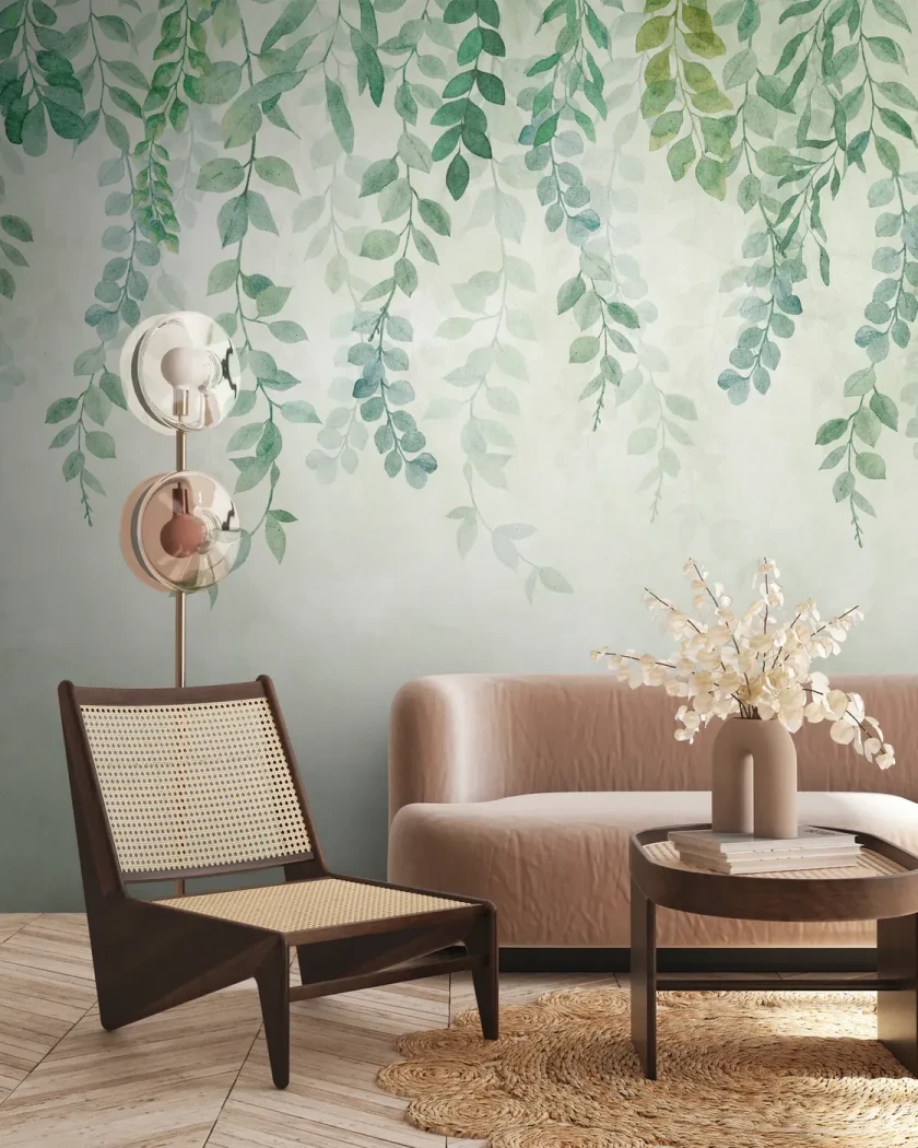 Wall mural Bistre, trailing watercolour foliage in soft greens
